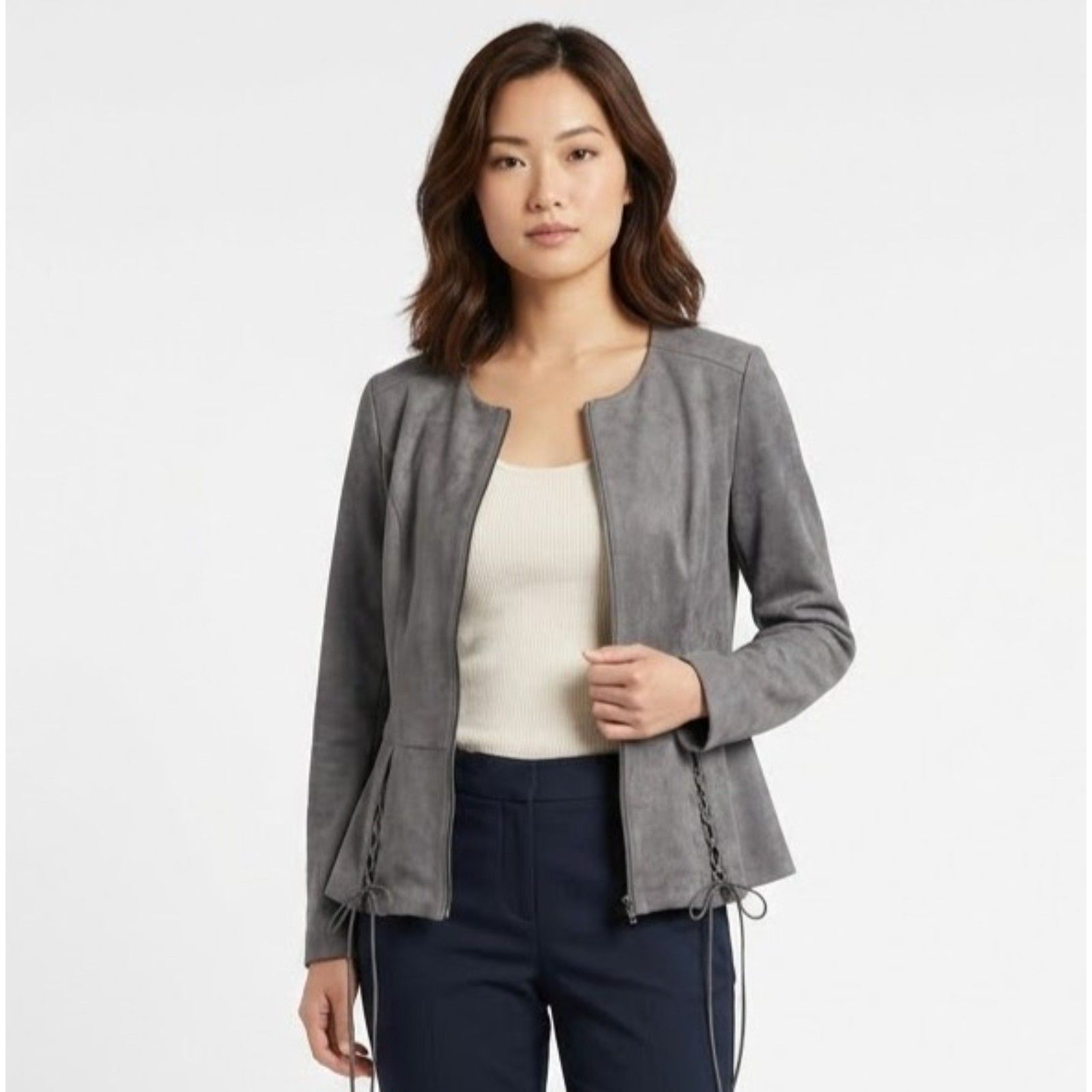 Kut From The Kloth Grey Faux Suede Peplum Lace-Up Jacket Blazer Size S